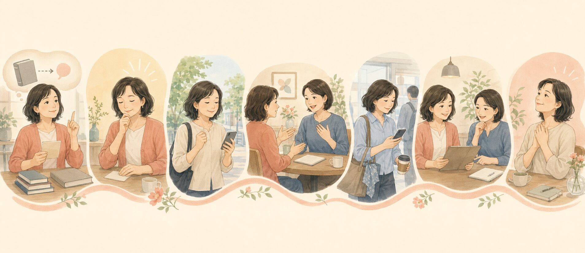 簡単な英語を選び、見ずに話し、繰り返し使い、会話を続け、自分の進歩を確かめる学習の流れ