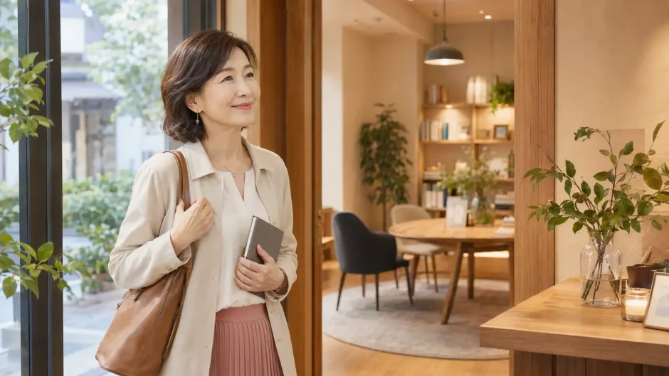 仕事帰りに無理なく英会話教室へ立ち寄る大人の女性