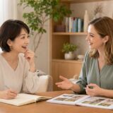 大人の女性が外国人講師とのマンツーマン英会話を習い事として楽しむ様子