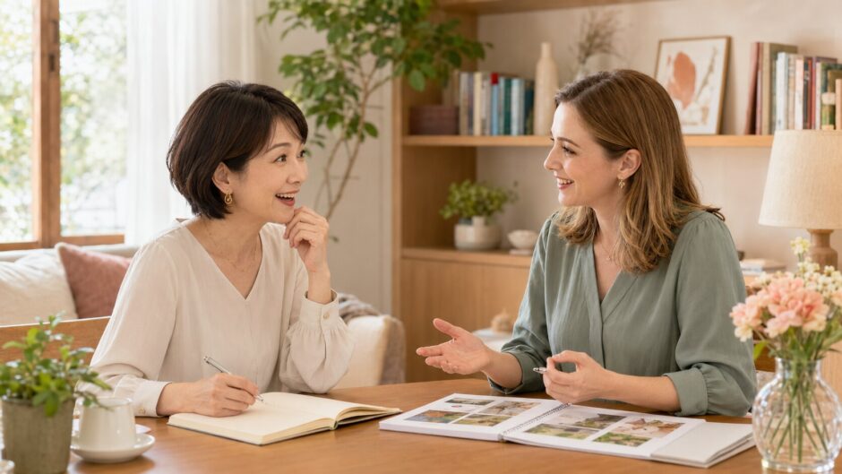 大人の女性が外国人講師とのマンツーマン英会話を習い事として楽しむ様子