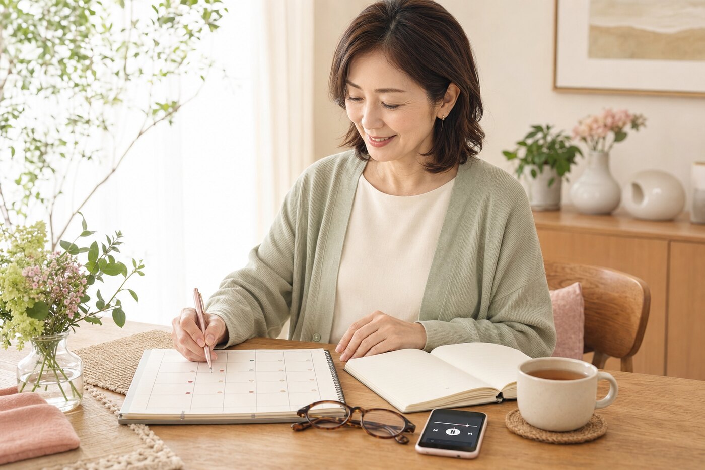 大人の女性が英会話学習を無理なく予定に組み込んでいる様子