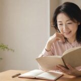 学生時代の英語ノートを開き、学び直しを始める大人の女性