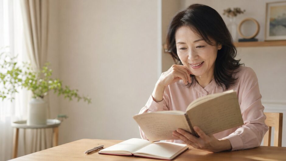学生時代の英語ノートを開き、学び直しを始める大人の女性