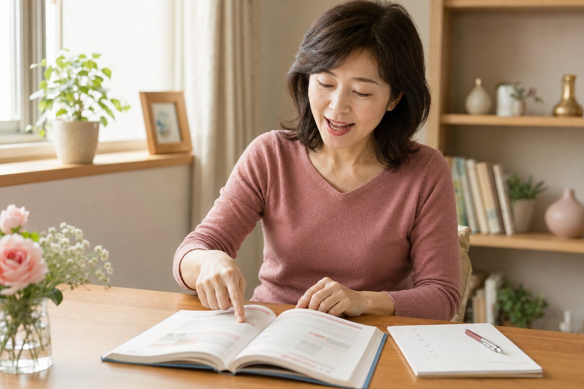 一冊の英語教材を開き声に出して練習する大人の女性