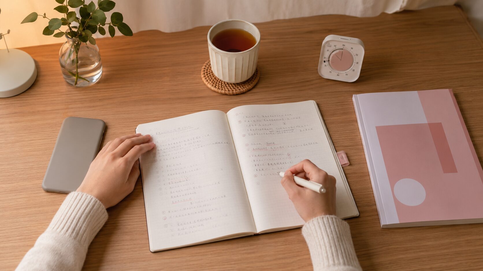 20分の英語学習に取り組む大人女性の手元