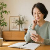 スマートフォンの英語学習アプリとノートで学び直す大人女性