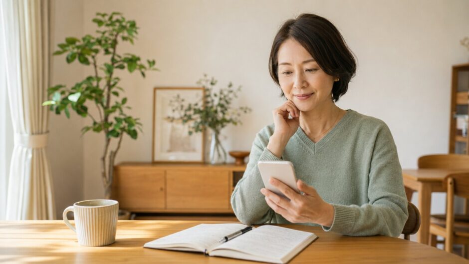 スマートフォンの英語学習アプリとノートで学び直す大人女性