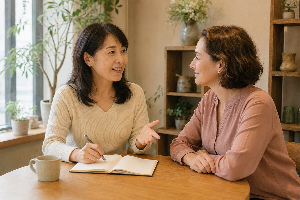 外国人講師と中学英語を使って会話練習する大人の初心者女性
