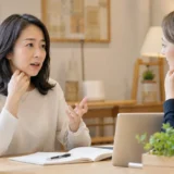 英語を間違える不安を抱えながら短い一言を話し始める大人女性