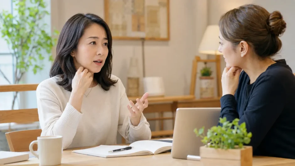英語を間違える不安を抱えながら短い一言を話し始める大人女性