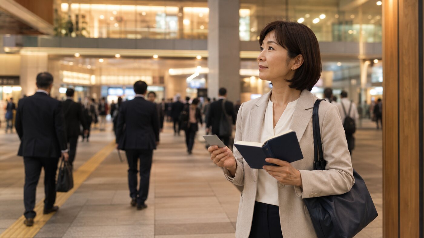 赤羽から都心へ通勤し乗換駅で英会話レッスンを受ける大人女性