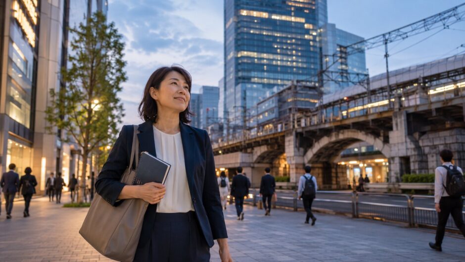 秋葉原で仕事を終え英会話教室への通学を考える大人女性