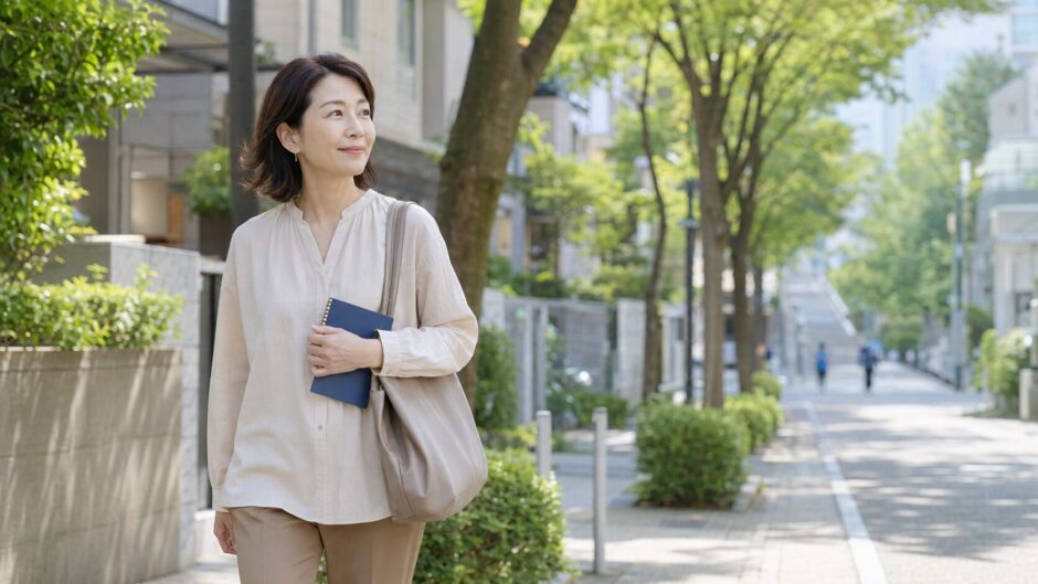 青葉台の緑ある街並みを英会話レッスンへ向かって歩く大人女性