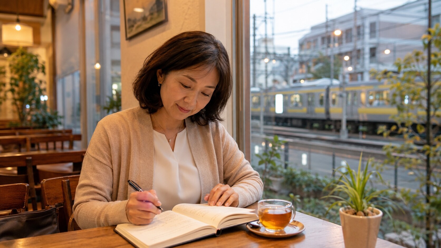 阿佐ヶ谷駅近くのカフェで英会話レッスンの予習をする大人女性