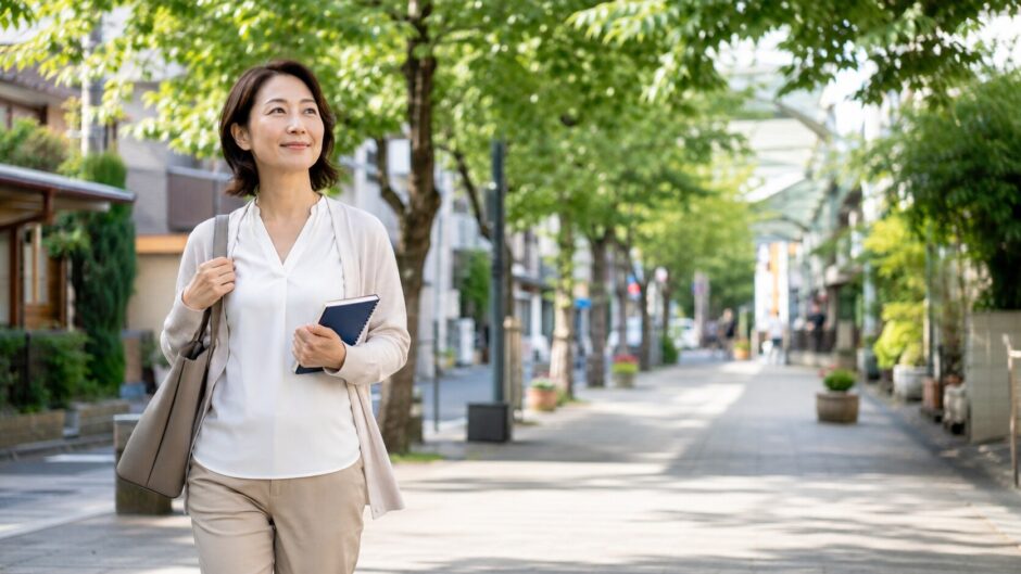阿佐ヶ谷の緑豊かな街並みを新宿の英会話レッスンへ向かって歩く大人女性