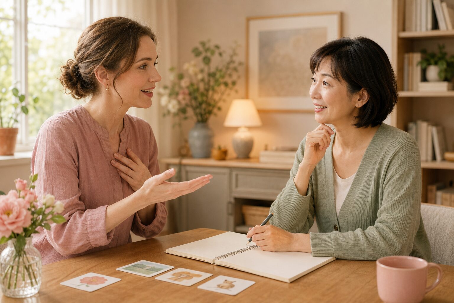 外国人講師に聞き返しながら安心して英会話を学ぶ大人女性