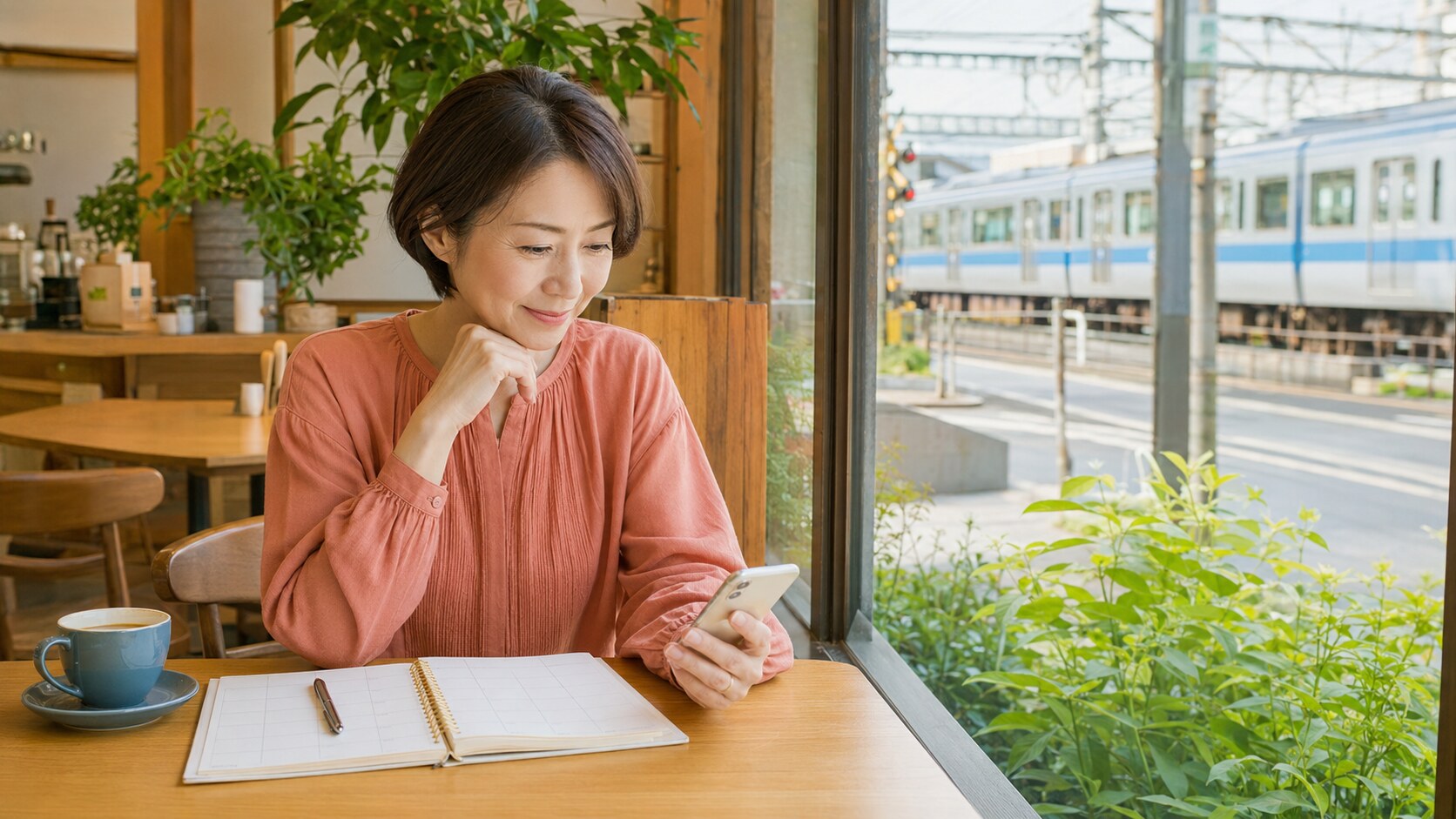 あざみ野のカフェで田園都市線を使った英会話通学予定を確認する大人女性