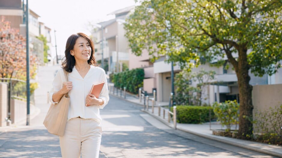 あざみ野の緑ある住宅街を英会話レッスンへ向かって歩く大人女性