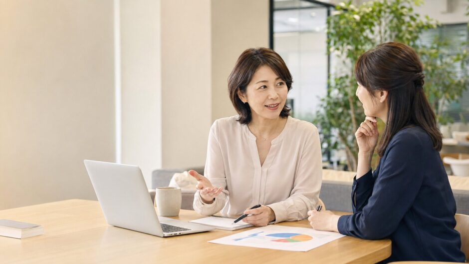 大人初心者の女性がマンツーマンで仕事に必要なビジネス英会話を練習する様子