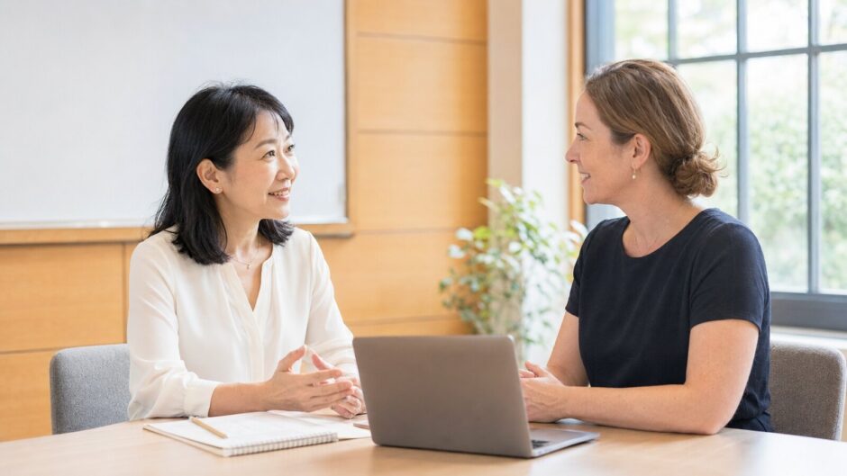 基本的な英語で仕事の進捗報告を練習する大人の女性
