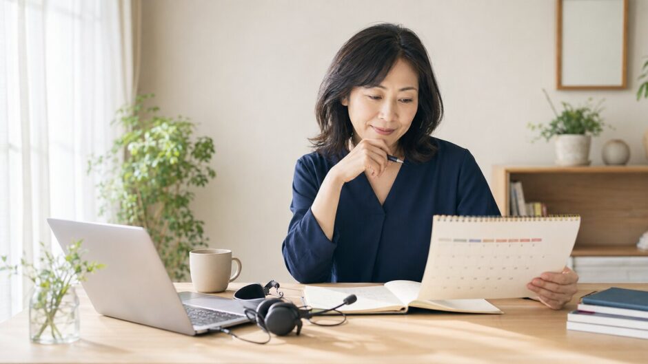 仕事で英語が必要になる期限を確認しながらビジネス英会話の学習計画を立てる女性
