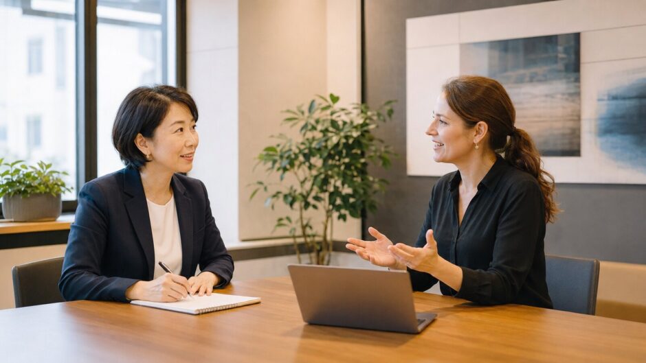 マンツーマンで英語の会議練習をする大人の女性