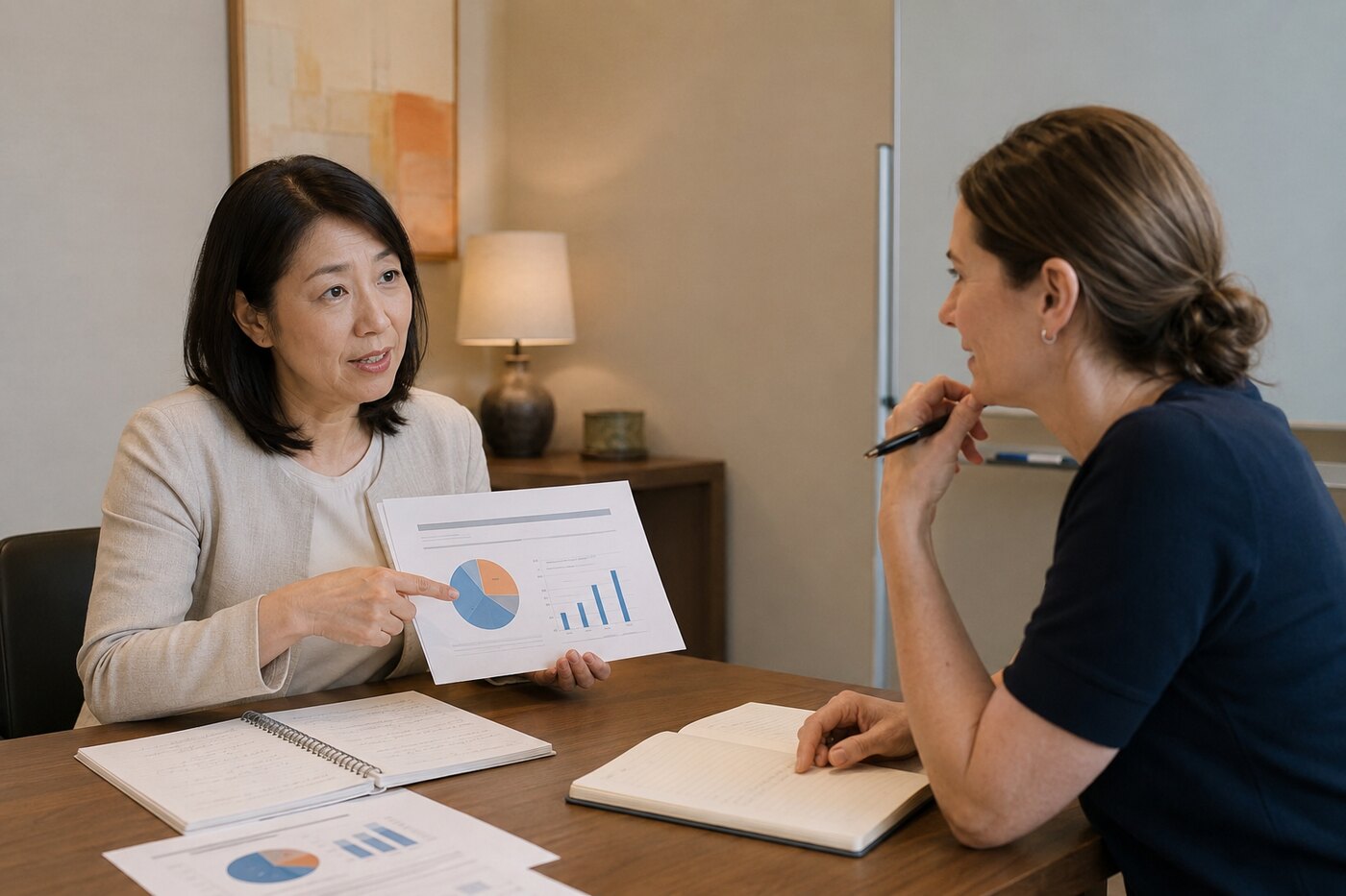 仕事の資料を使って英語プレゼンをマンツーマンで練習する大人の女性