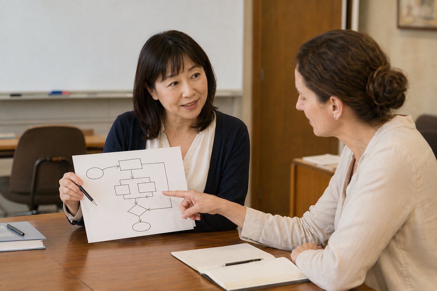 簡単な図を使って仕事の流れを英語で説明する大人の女性