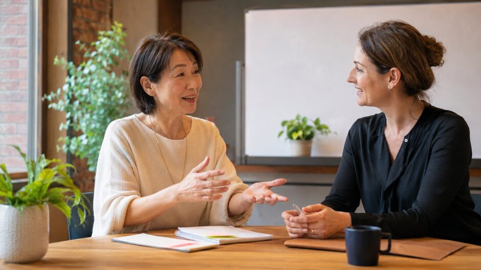 知っている英単語を使って仕事の内容を分かりやすく説明する大人の女性