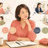 複数の英会話レッスンを比べながら自分に合う教室を考える大人の女性
