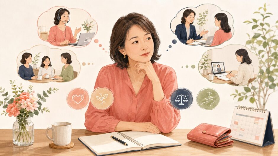 複数の英会話レッスンを比べながら自分に合う教室を考える大人の女性