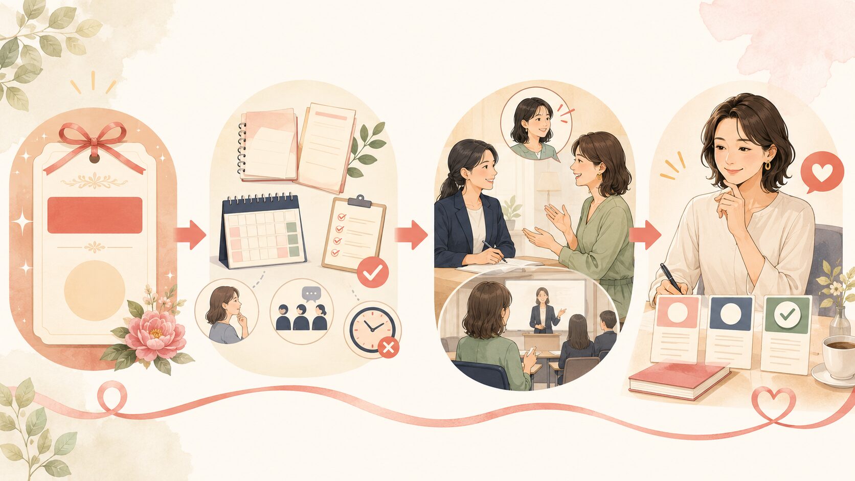 表示料金から総額や受講条件を確認し、体験レッスンで自分に合う教室を選ぶ流れ
