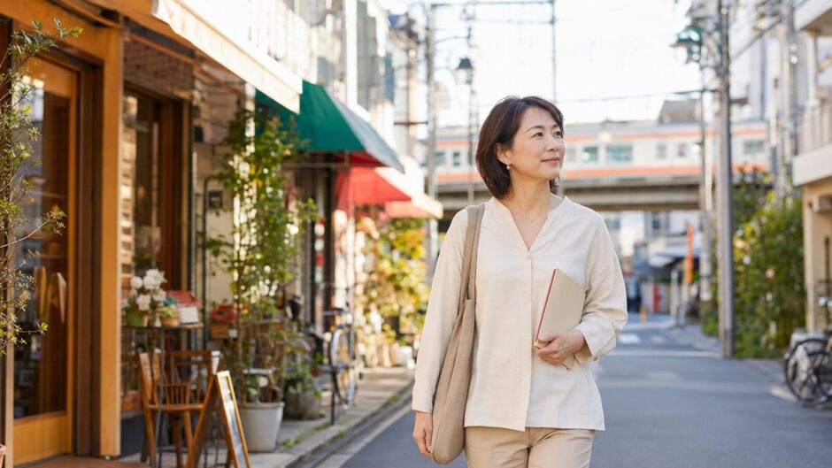 千歳烏山の街を歩きながら英会話教室への通学を考える大人女性