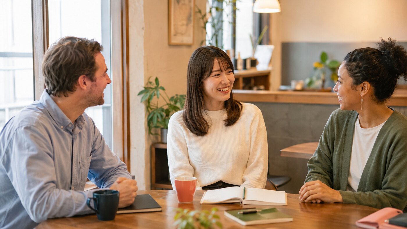 複数の英会話講師と話しながら相性を確かめる大人女性