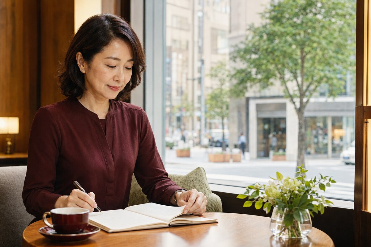 銀座の落ち着いた空間で英会話レッスンを復習する大人女性