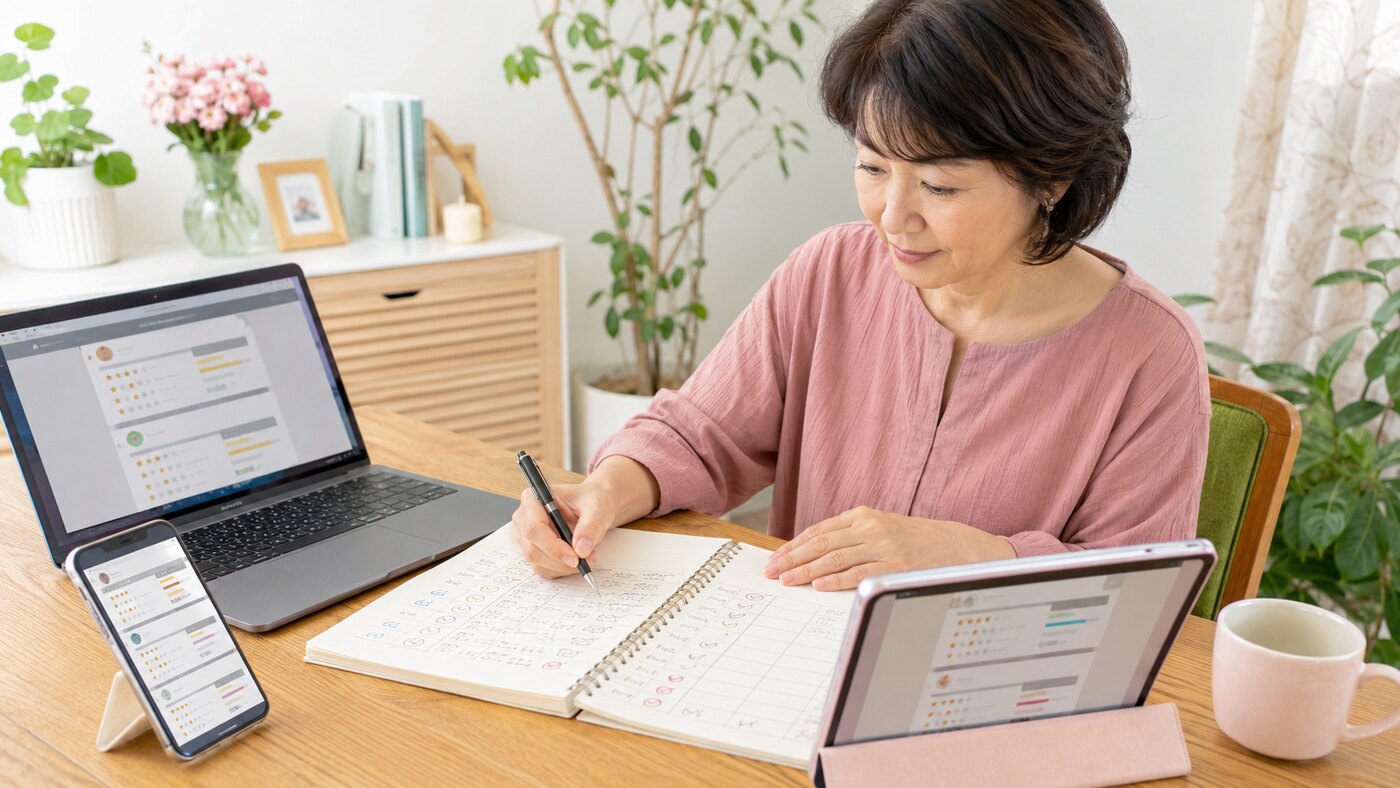 複数の英会話教室の口コミをノートに整理して比較する大人女性