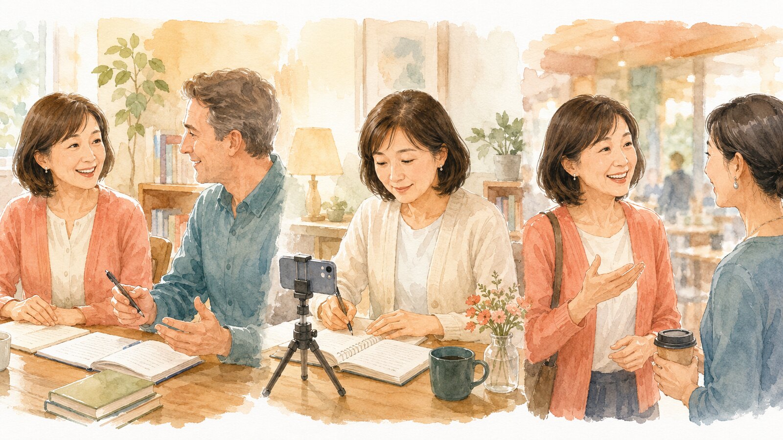 英会話レッスン、日常の復習、実際の会話をつなげる大人女性のイラスト