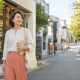 代官山の緑ある街を渋谷の英会話レッスンへ歩く大人女性