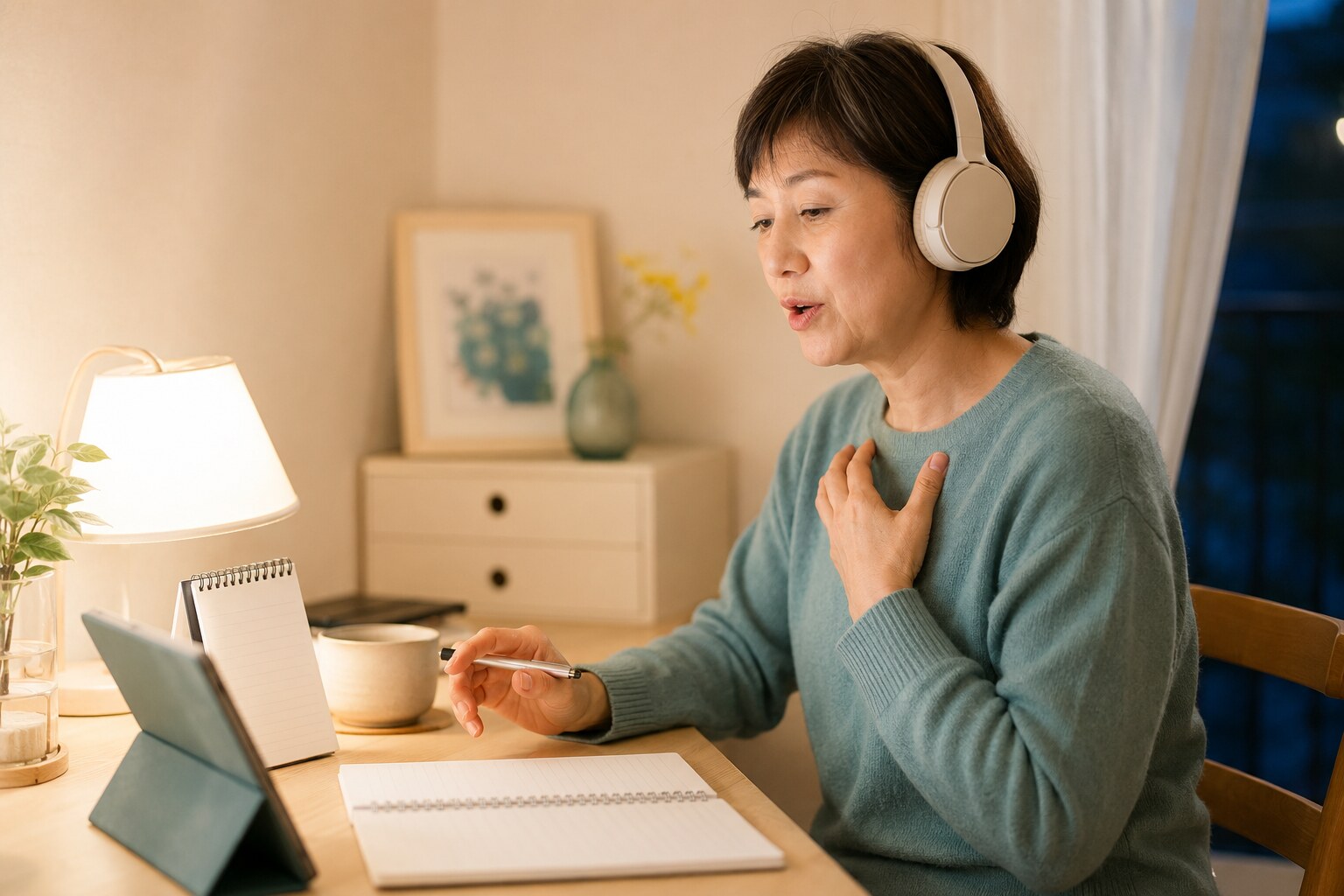 自宅で短時間の英会話復習を続ける大人女性