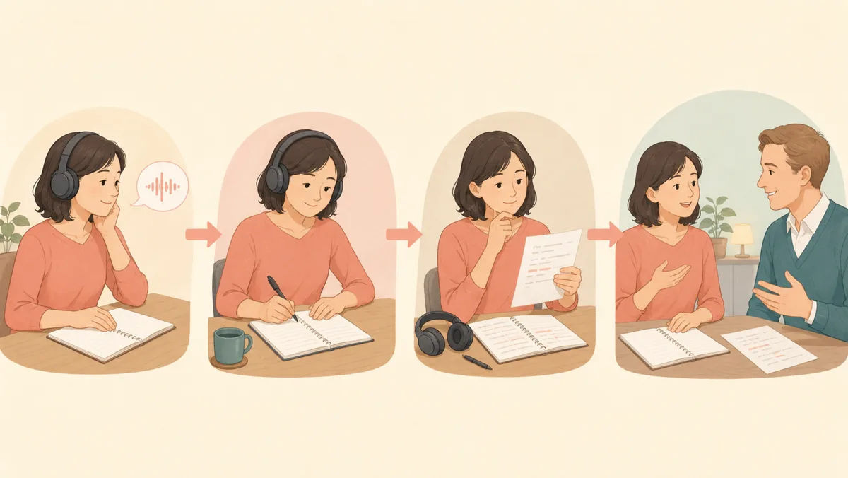短い音声を聞き書き取り答え合わせをして講師に確認する4ステップ