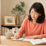 英会話レッスン後に音声を聞きながらノートへ書き取る大人女性