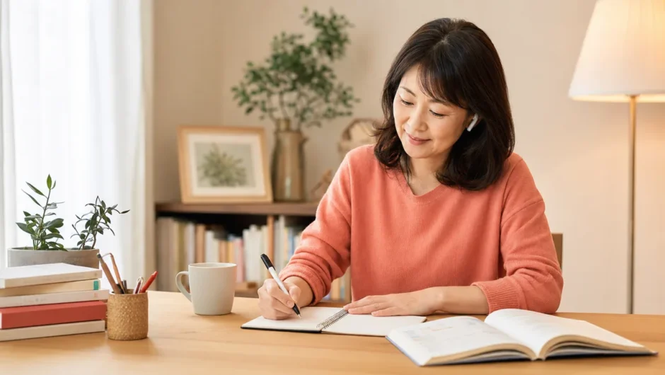 英会話レッスン後に音声を聞きながらノートへ書き取る大人女性