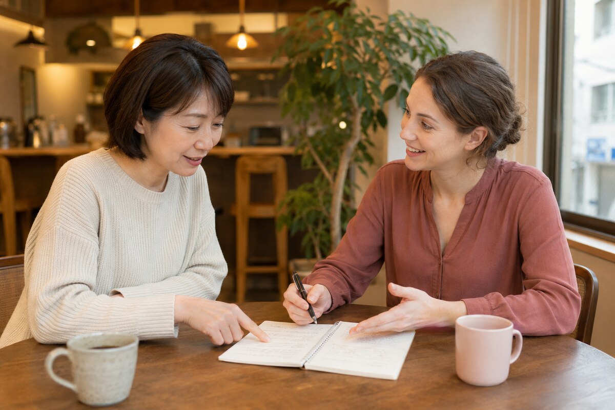 外国人講師と単語を短い英文にして練習する大人の初心者女性
