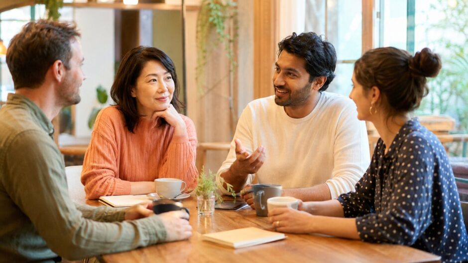 英会話カフェで複数の大人と気軽に英語を話す女性