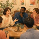 進行役のいる少人数の英会話コミュニティで大人初心者が安心して話す様子