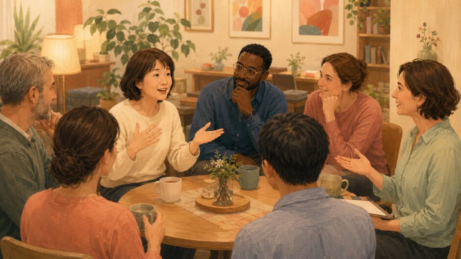 進行役のいる少人数の英会話コミュニティで大人初心者が安心して話す様子