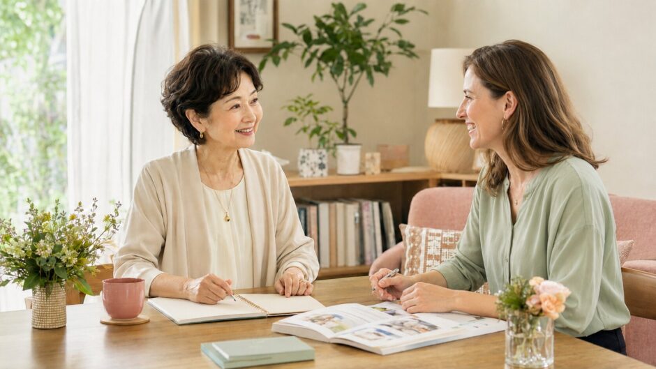60代の女性が外国人講師とマンツーマン英会話レッスンを楽しむ様子
