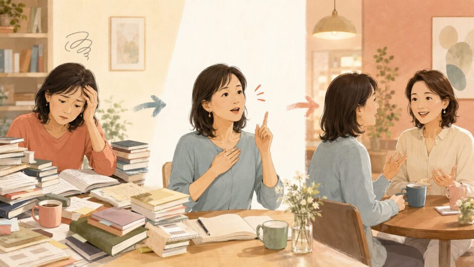たくさんの教材に悩む学習から、簡単な英語を自分で話して会話に使う学習へ変わる大人の初心者