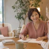 50代の女性がマンツーマン英会話レッスンを楽しんでいる様子