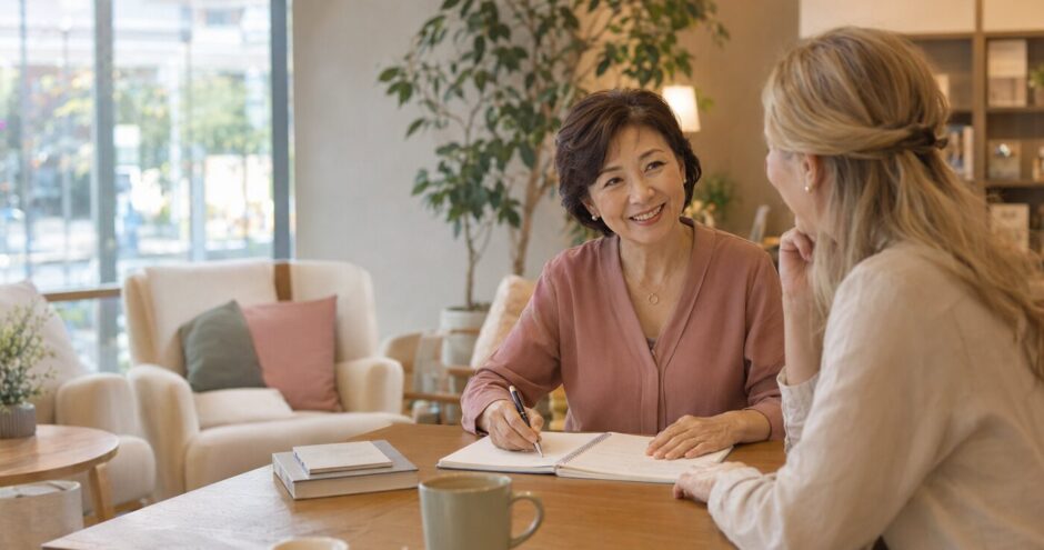 50代の女性がマンツーマン英会話レッスンを楽しんでいる様子
